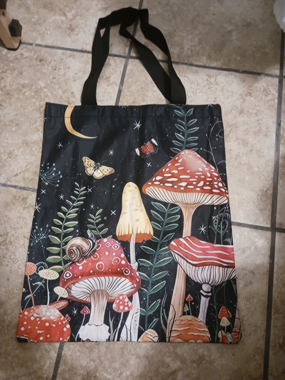 5 For $25! Black Mushroom Print Tote Bag with Orange Accents